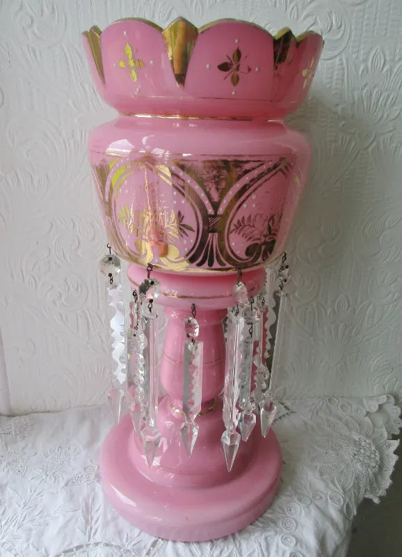 Pair of Antique English Victorian Pink Glass Lustres