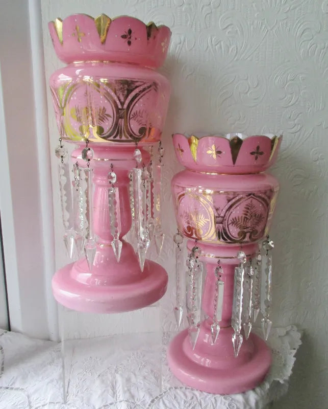 Pair of Antique English Victorian Pink Glass Lustres