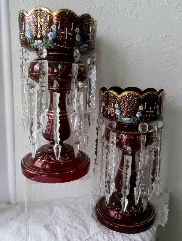 Pair of Antique English Victorian Ruby Glass Lustres
