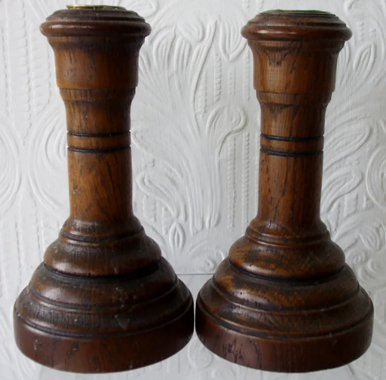 Pair of Antique Welsh Victorian Turned Oak Candlesticks