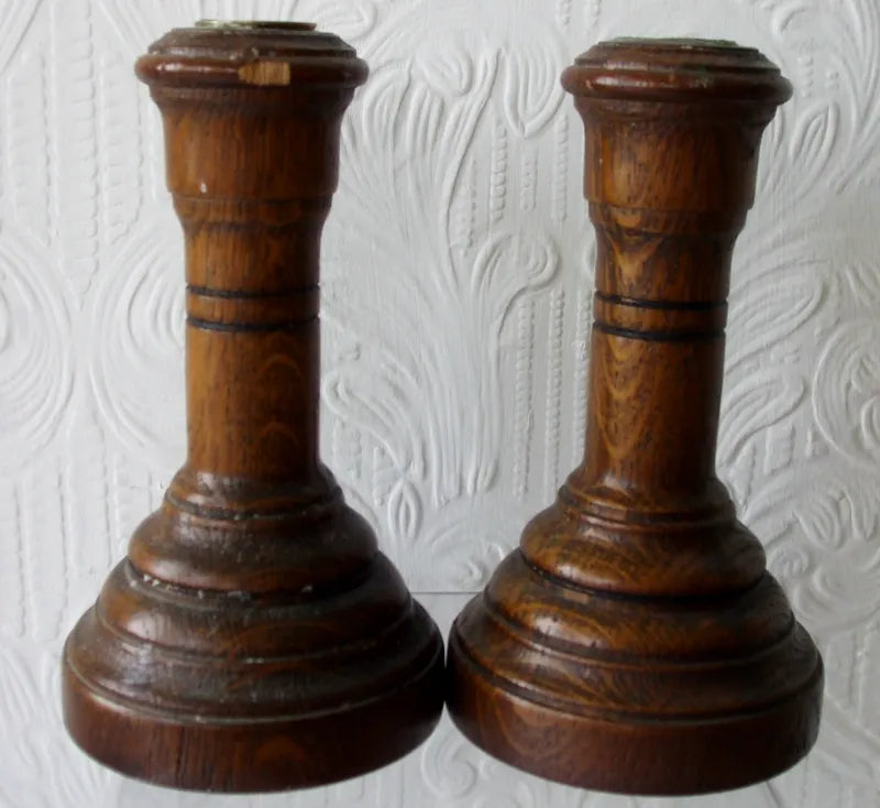 Pair of Antique Welsh Victorian Turned Oak Candlesticks