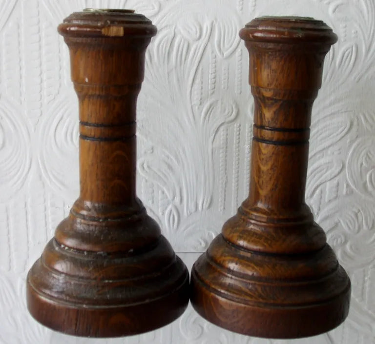 Pair of Antique Welsh Victorian Turned Oak Candlesticks