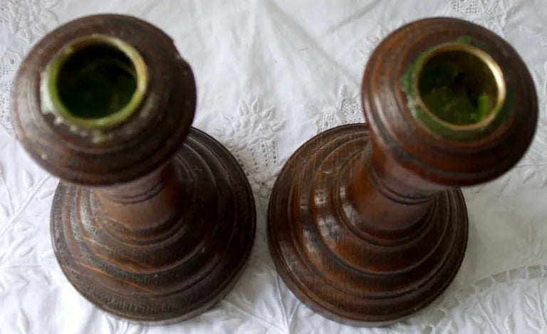 Pair of Antique Welsh Victorian Turned Oak Candlesticks
