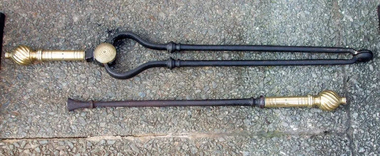 Pair of Antique Victorian Steel and Brass Fire Tongs & Poker