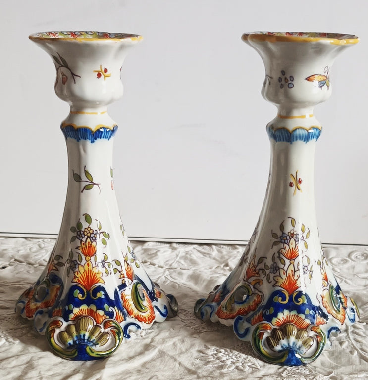 Pair of Antique Desvres French Faience Candlesticks