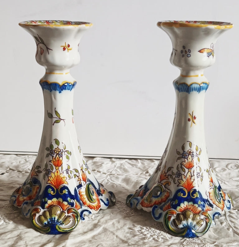 Pair of Antique Desvres French Faience Candlesticks