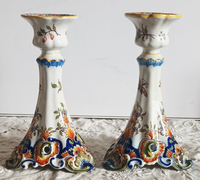 Pair of Antique Desvres French Faience Candlesticks