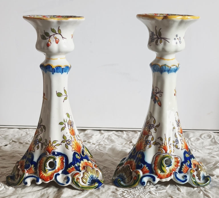 Pair of Antique Desvres French Faience Candlesticks