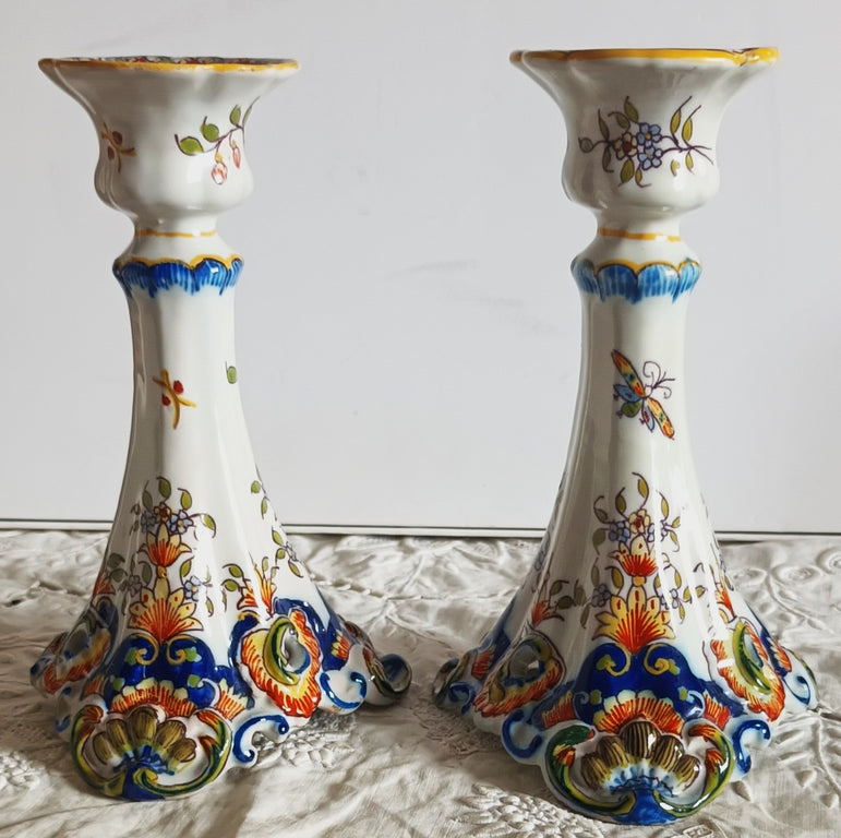 Pair of Antique Desvres French Faience Candlesticks