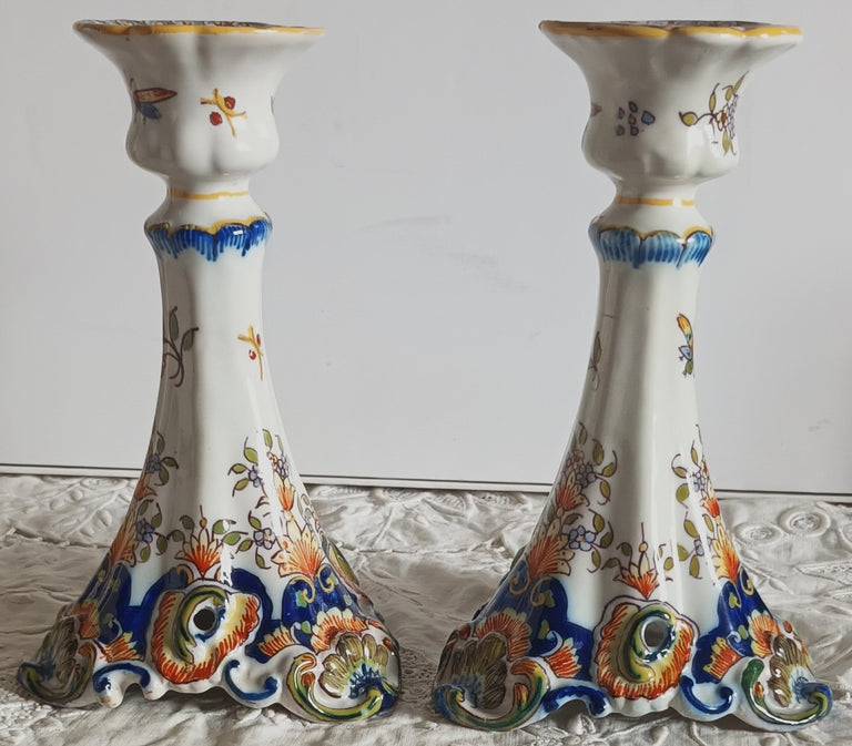 Pair of Antique Desvres French Faience Candlesticks