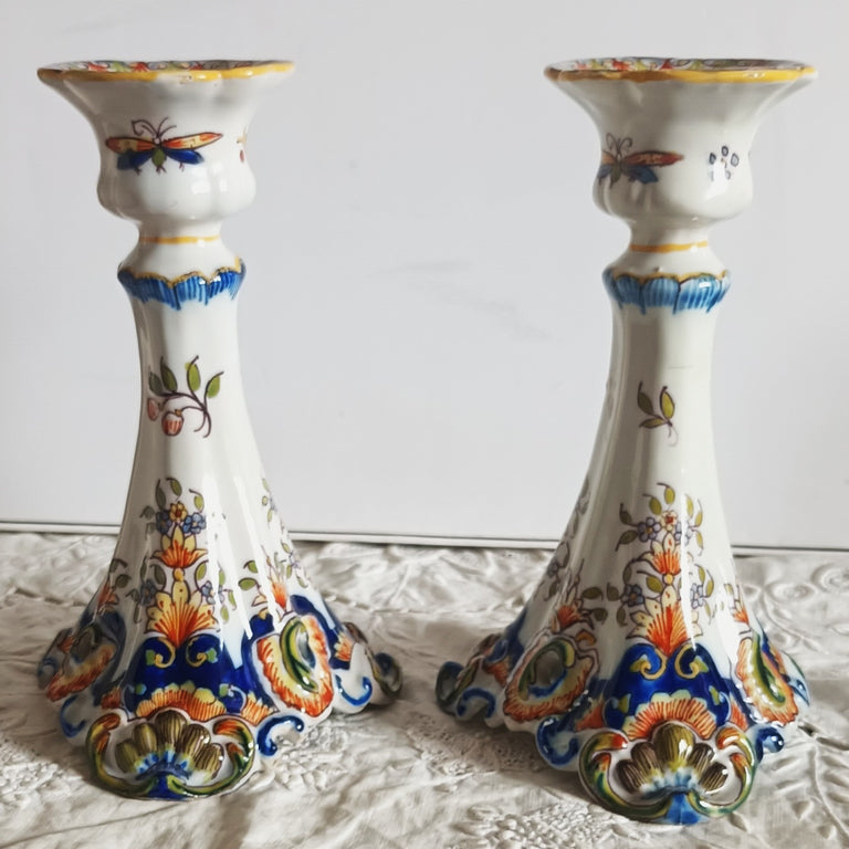 Pair of Antique Desvres French Faience Candlesticks