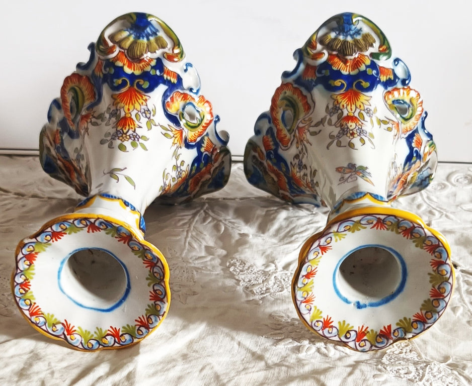 Pair of Antique Desvres French Faience Candlesticks