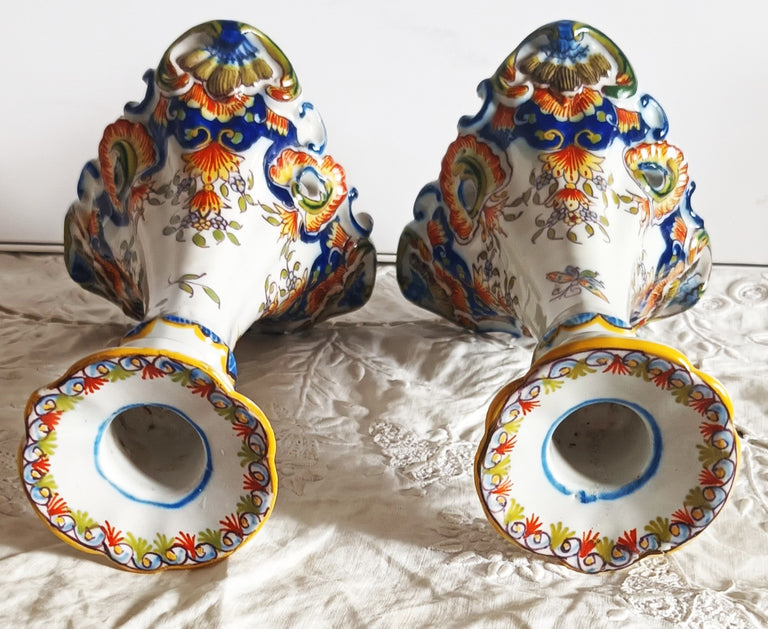 Pair of Antique Desvres French Faience Candlesticks
