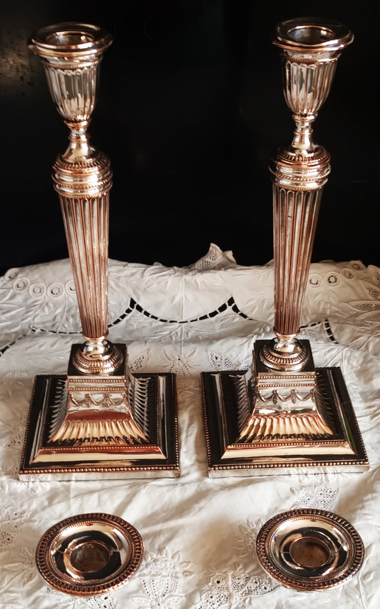 Pair of Antique English Georgian Old Sheffield Plate Candlesticks