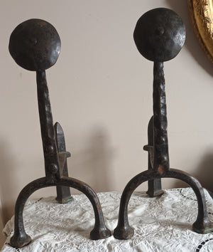 Pair of Antique Victorian Wrought Iron "Arts & Crafts" Andirons