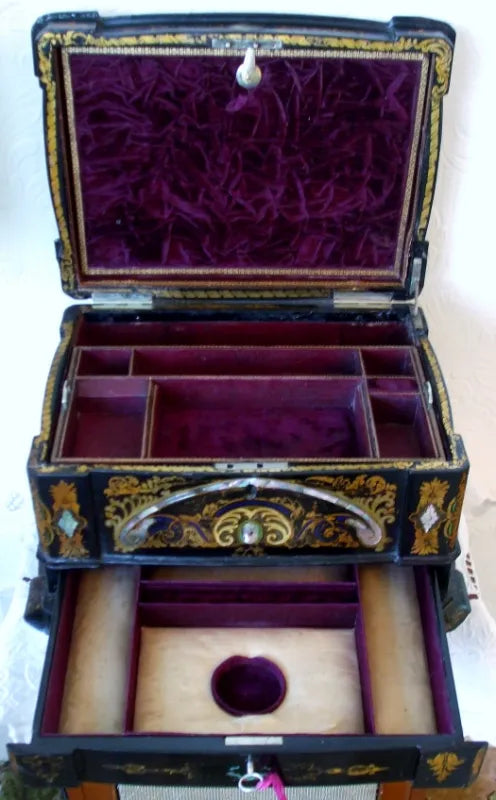 Antique English Victorian Papier-mâché  Ladies Jewellery Casket