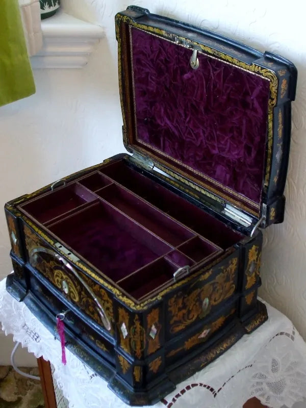 Antique English Victorian Papier-mâché  Ladies Jewellery Casket