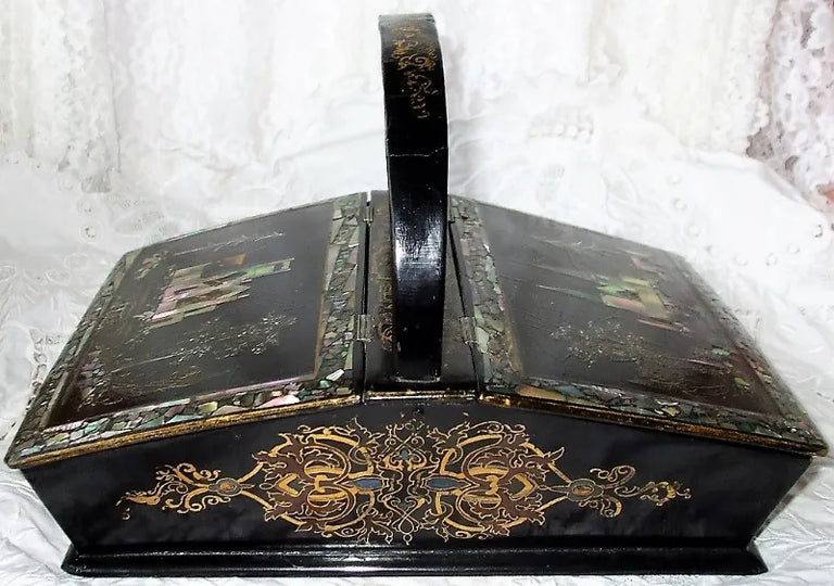 Antique English Victorian Papier-mâché Needlework Casket