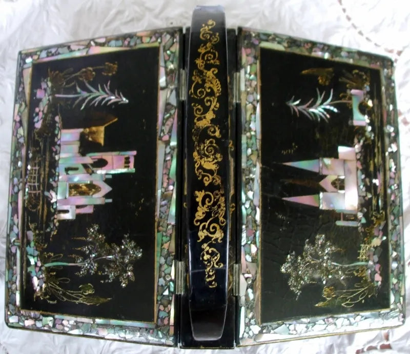 Antique English Victorian Papier-mâché Needlework Casket