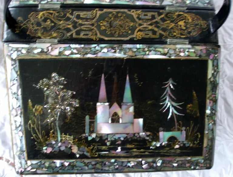 Antique English Victorian Papier-mâché Needlework Casket