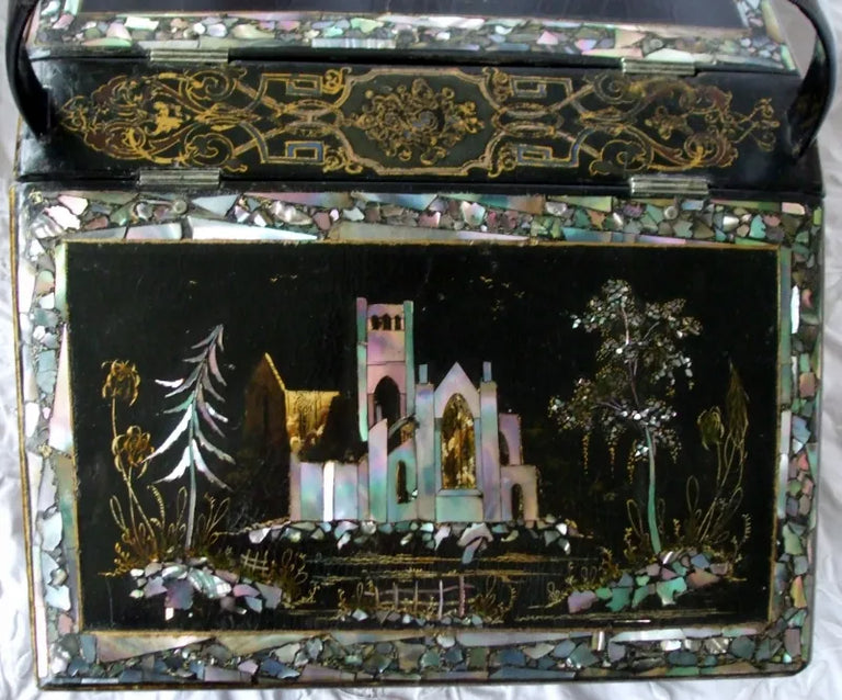 Antique English Victorian Papier-mâché Needlework Casket