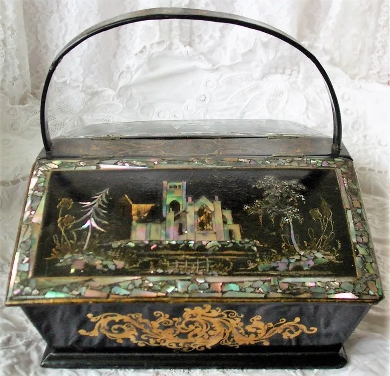 Antique English Victorian Papier-mâché Needlework Casket