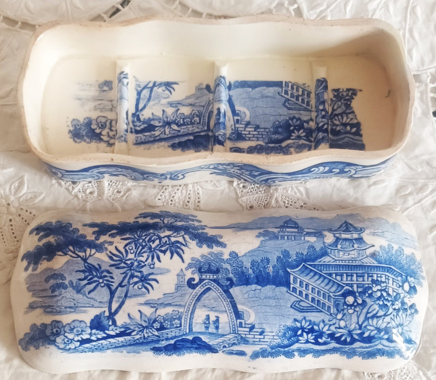 Antique English Georgian Blue and White Transfer Toothbrush Box