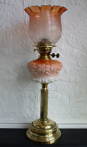 Antique English Victorian Peach Glass Oil Lamp