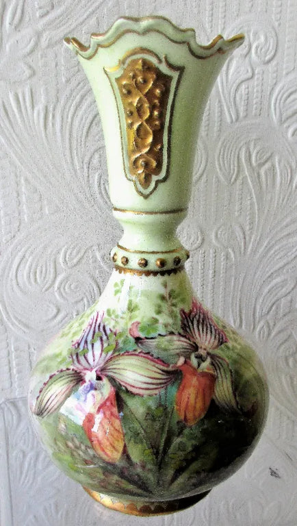 Pair of Hand-Painted & Gilded Porcelain Vases ~ Roses and Orchids