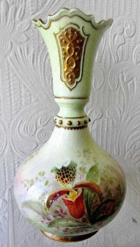 Pair of Hand-Painted & Gilded Porcelain Vases ~ Roses and Orchids