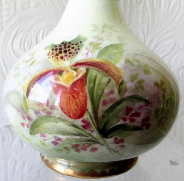 Pair of Hand-Painted & Gilded Porcelain Vases ~ Roses and Orchids