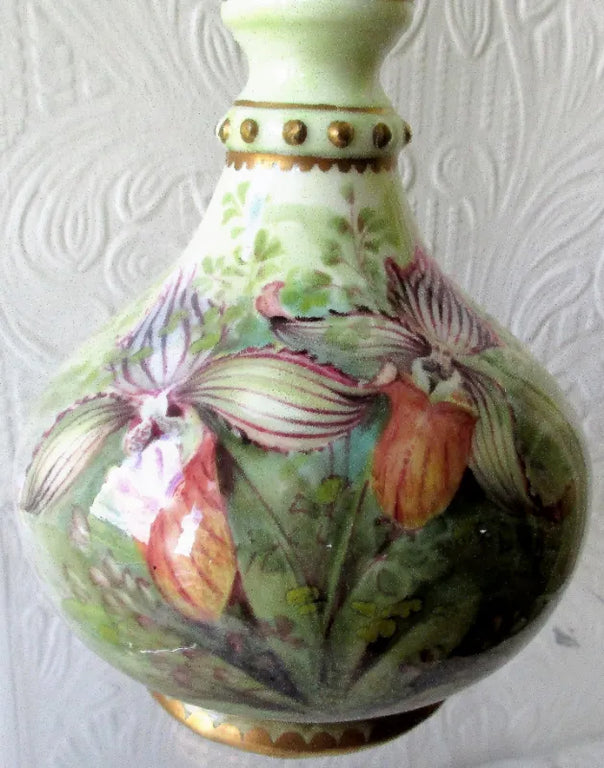 Pair of Hand-Painted & Gilded Porcelain Vases ~ Roses and Orchids