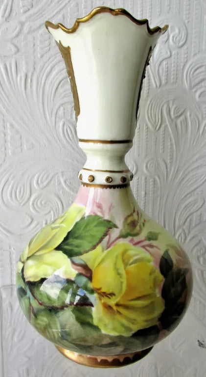 Pair of Hand-Painted & Gilded Porcelain Vases ~ Roses and Orchids