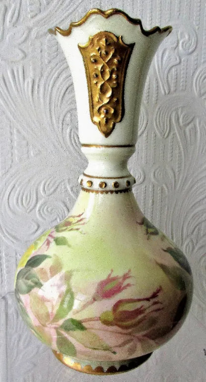 Pair of Hand-Painted & Gilded Porcelain Vases ~ Roses and Orchids