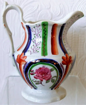 Antique Victorian Gaudy Welsh "Pink Rose and Stripe" Pattern Jug