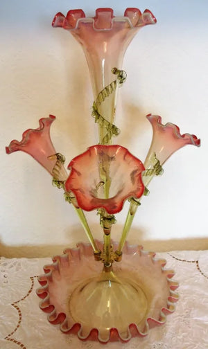 Antique English Victorian Pink Vaseline Glass Epergne