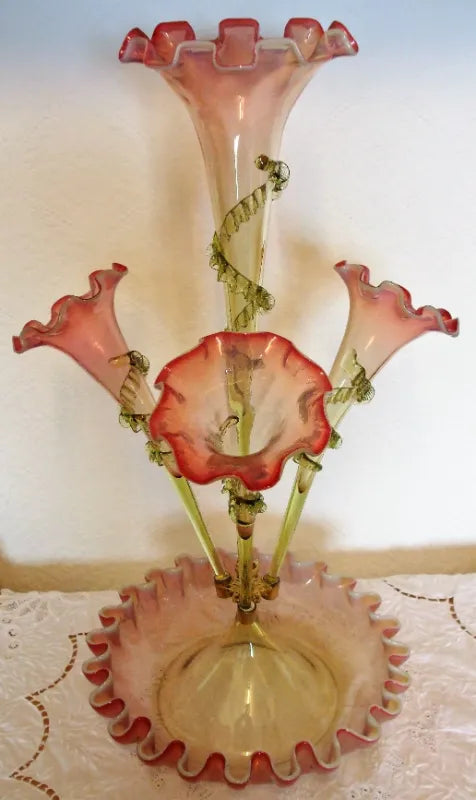 Antique English Victorian Pink Vaseline Glass Epergne