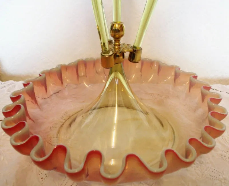Antique English Victorian Pink Vaseline Glass Epergne