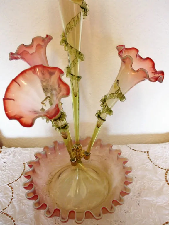Antique English Victorian Pink Vaseline Glass Epergne