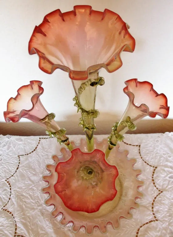 Antique English Victorian Pink Vaseline Glass Epergne