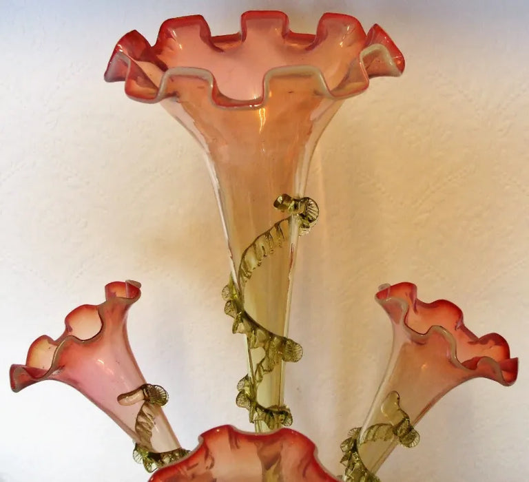Antique English Victorian Pink Vaseline Glass Epergne