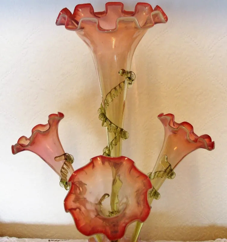 Antique English Victorian Pink Vaseline Glass Epergne
