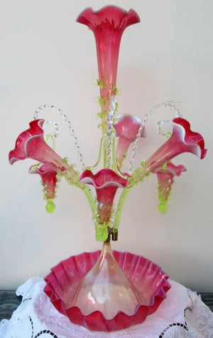 Antique English Victorian Pink Vaseline Glass Epergne