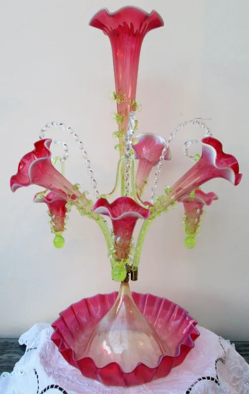 Antique English Victorian Pink Vaseline Glass Epergne