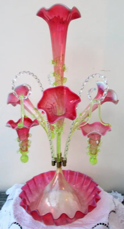 Antique English Victorian Pink Vaseline Glass Epergne