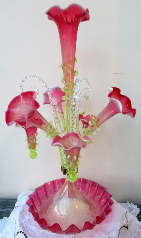 Antique English Victorian Pink Vaseline Glass Epergne