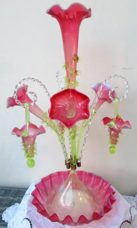 Antique English Victorian Pink Vaseline Glass Epergne