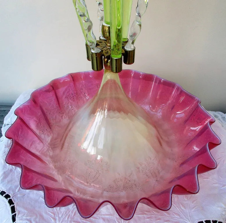 Antique English Victorian Pink Vaseline Glass Epergne