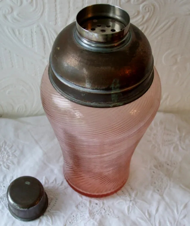 Vintage English Wrythen Pink Glass Cocktail Shaker