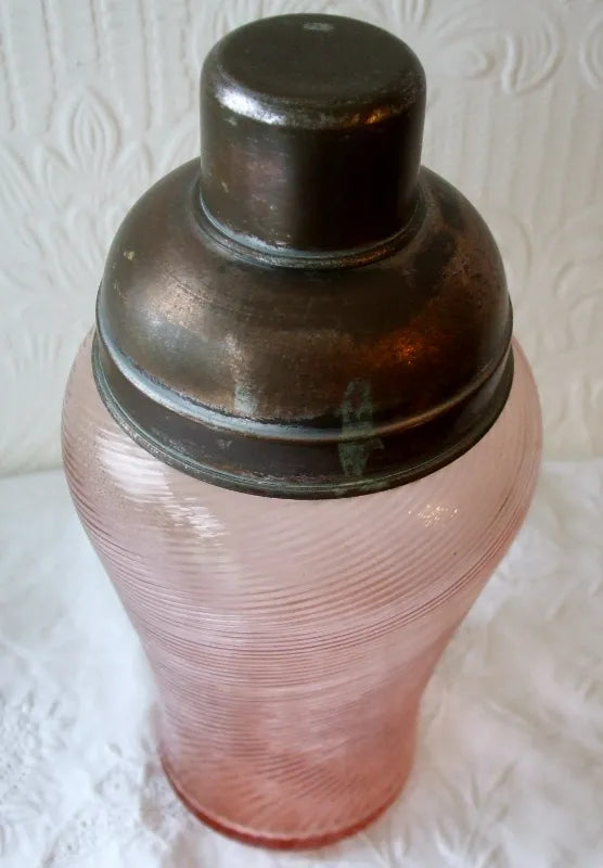 Vintage English Wrythen Pink Glass Cocktail Shaker